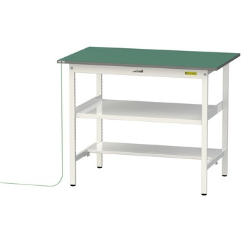 軽量作業台/耐荷重150kg_導電性ゴムマット+アース付き_中間棚付き固定式_半面棚板付き_ワークテーブル150シリーズ 山金工業