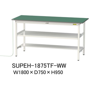 軽量作業台/耐荷重150kg_導電性ゴムマット+アース付き_中間棚付き固定式_半面棚板付き_ワークテーブル150シリーズ 山金工業