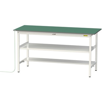 軽量作業台/耐荷重150kg_導電性ゴムマット+アース付き_中間棚付き固定式_半面棚板付き_ワークテーブル150シリーズ 山金工業