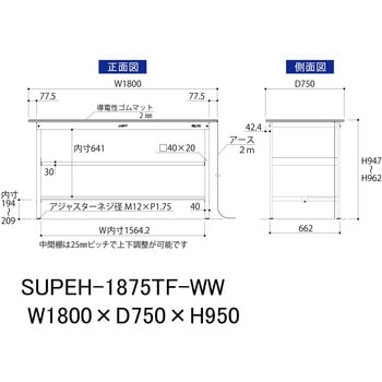 軽量作業台/耐荷重150kg_導電性ゴムマット+アース付き_中間棚付き固定式_半面棚板付き_ワークテーブル150シリーズ 山金工業