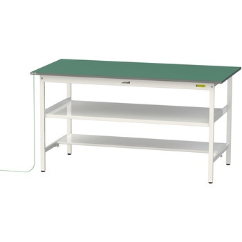 軽量作業台/耐荷重150kg_導電性ゴムマット+アース付き_中間棚付き固定式_半面棚板付き_ワークテーブル150シリーズ 山金工業