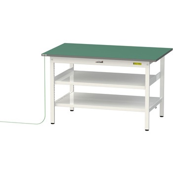 軽量作業台/耐荷重150kg_導電性ゴムマット+アース付き_中間棚付き固定式_全面棚板付き_ワークテーブル150シリーズ 山金工業