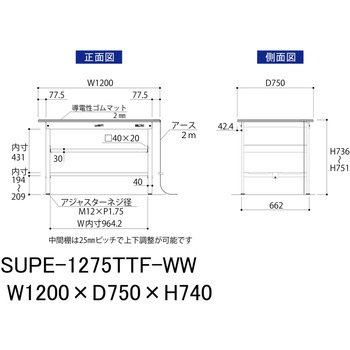 軽量作業台/耐荷重150kg_導電性ゴムマット+アース付き_中間棚付き固定式_全面棚板付き_ワークテーブル150シリーズ 山金工業