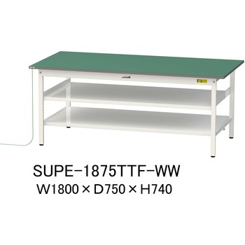 軽量作業台/耐荷重150kg_導電性ゴムマット+アース付き_中間棚付き固定式_全面棚板付き_ワークテーブル150シリーズ 山金工業