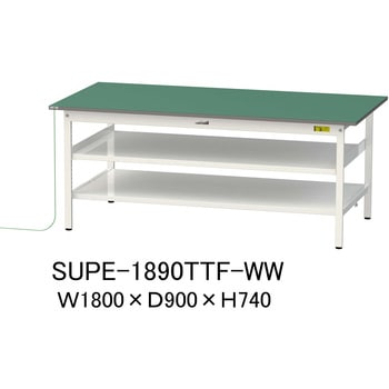 軽量作業台/耐荷重150kg_導電性ゴムマット+アース付き_中間棚付き固定式_全面棚板付き_ワークテーブル150シリーズ 山金工業
