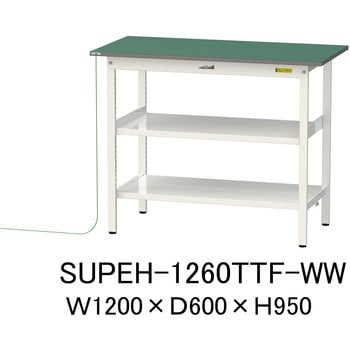 軽量作業台/耐荷重150kg_導電性ゴムマット+アース付き_中間棚付き固定式_全面棚板付き_ワークテーブル150シリーズ 山金工業