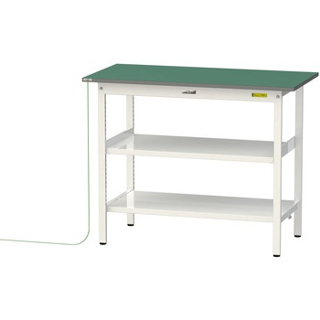 軽量作業台/耐荷重150kg_導電性ゴムマット+アース付き_中間棚付き固定式_全面棚板付き_ワークテーブル150シリーズ 山金工業