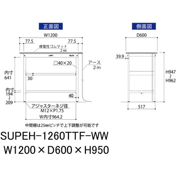 軽量作業台/耐荷重150kg_導電性ゴムマット+アース付き_中間棚付き固定式_全面棚板付き_ワークテーブル150シリーズ 山金工業