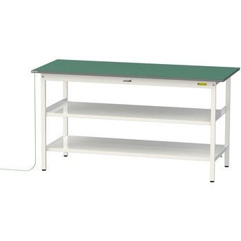 軽量作業台/耐荷重150kg_導電性ゴムマット+アース付き_中間棚付き固定式_全面棚板付き_ワークテーブル150シリーズ 山金工業