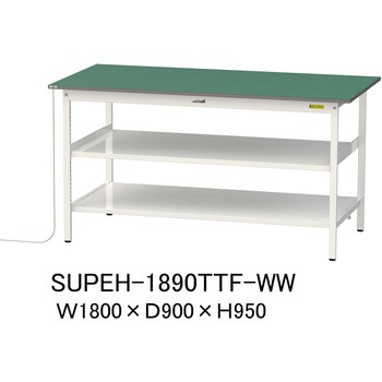 軽量作業台/耐荷重150kg_導電性ゴムマット+アース付き_中間棚付き固定式_全面棚板付き_ワークテーブル150シリーズ 山金工業