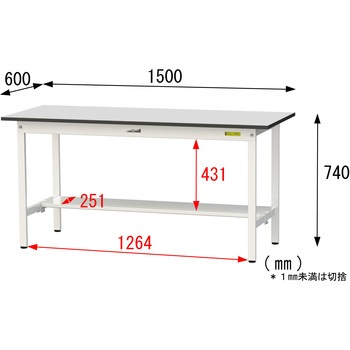 軽量作業台/耐荷重150kg_固定式_半面棚板付き_RoHS2指令対応塩ビシート天板_ワークテーブル150シリーズ 山金工業