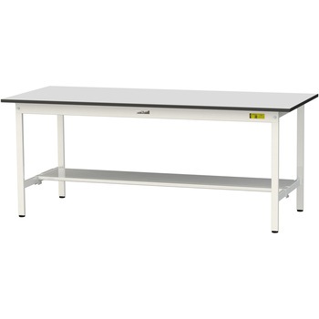 軽量作業台/耐荷重150kg_固定式_半面棚板付き_RoHS2指令対応塩ビシート天板_ワークテーブル150シリーズ 山金工業