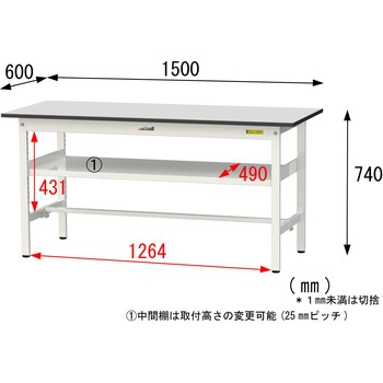 軽量作業台/耐荷重150kg_中間棚付き固定式_RoHS2指令対応塩ビシート天板_ワークテーブル150シリーズ 山金工業