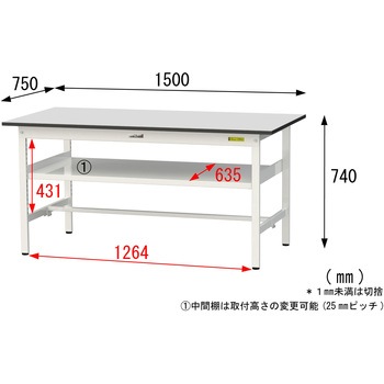 軽量作業台/耐荷重150kg_中間棚付き固定式_RoHS2指令対応塩ビシート天板_ワークテーブル150シリーズ 山金工業