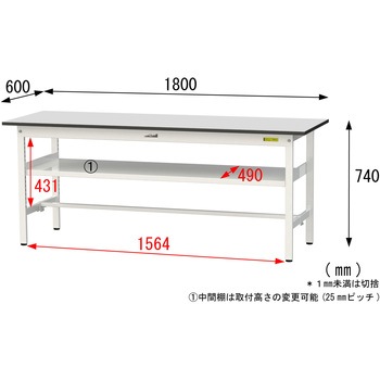 軽量作業台/耐荷重150kg_中間棚付き固定式_RoHS2指令対応塩ビシート天板_ワークテーブル150シリーズ 山金工業