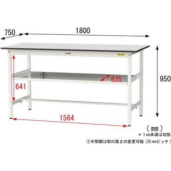 軽量作業台/耐荷重150kg_中間棚付き固定式_RoHS2指令対応塩ビシート天板_ワークテーブル150シリーズ 山金工業