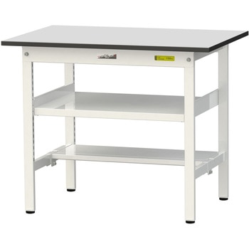 軽量作業台/耐荷重150kg_中間棚付き固定式_半面棚板付き_RoHS2指令対応塩ビシート天板_ワークテーブル150シリーズ 山金工業