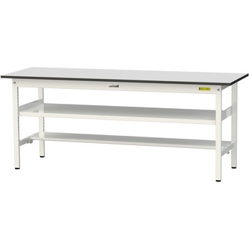 軽量作業台/耐荷重150kg_中間棚付き固定式_半面棚板付き_RoHS2指令対応塩ビシート天板_ワークテーブル150シリーズ 山金工業