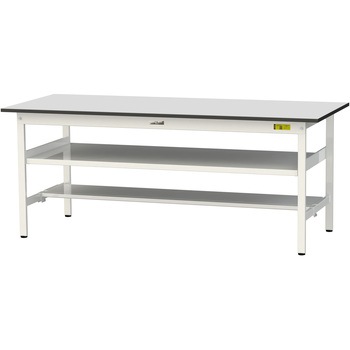 軽量作業台/耐荷重150kg_中間棚付き固定式_半面棚板付き_RoHS2指令対応塩ビシート天板_ワークテーブル150シリーズ 山金工業