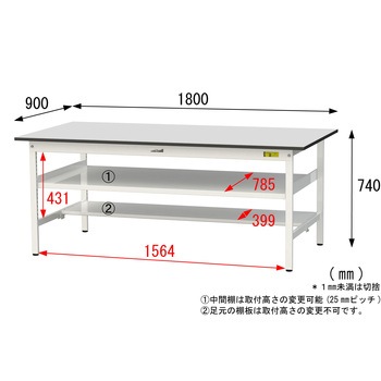 軽量作業台/耐荷重150kg_中間棚付き固定式_半面棚板付き_RoHS2指令対応塩ビシート天板_ワークテーブル150シリーズ 山金工業