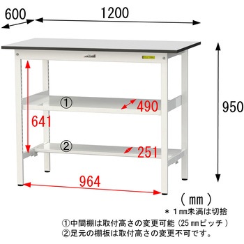 軽量作業台/耐荷重150kg_中間棚付き固定式_半面棚板付き_RoHS2指令対応塩ビシート天板_ワークテーブル150シリーズ 山金工業