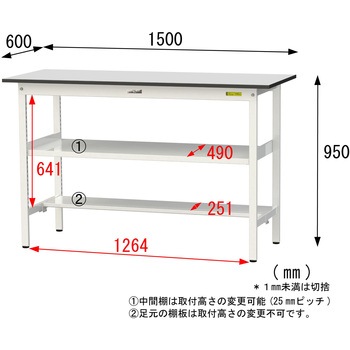 軽量作業台/耐荷重150kg_中間棚付き固定式_半面棚板付き_RoHS2指令対応塩ビシート天板_ワークテーブル150シリーズ 山金工業