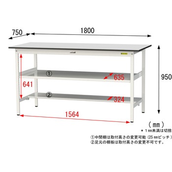 軽量作業台/耐荷重150kg_中間棚付き固定式_半面棚板付き_RoHS2指令対応塩ビシート天板_ワークテーブル150シリーズ 山金工業