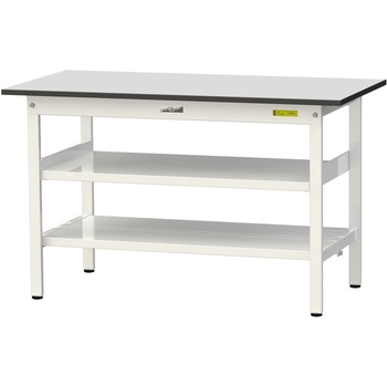 軽量作業台/耐荷重150kg_中間棚付き固定式_全面棚板付き_RoHS2指令対応塩ビシート天板_ワークテーブル150シリーズ 山金工業