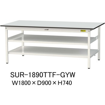 軽量作業台/耐荷重150kg_中間棚付き固定式_全面棚板付き_RoHS2指令対応塩ビシート天板_ワークテーブル150シリーズ 山金工業