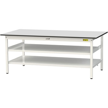 軽量作業台/耐荷重150kg_中間棚付き固定式_全面棚板付き_RoHS2指令対応塩ビシート天板_ワークテーブル150シリーズ 山金工業
