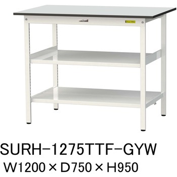軽量作業台/耐荷重150kg_中間棚付き固定式_全面棚板付き_RoHS2指令対応塩ビシート天板_ワークテーブル150シリーズ 山金工業