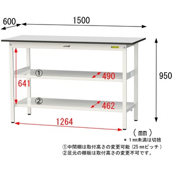 軽量作業台/耐荷重150kg_中間棚付き固定式_全面棚板付き_RoHS2指令対応塩ビシート天板_ワークテーブル150シリーズ 山金工業