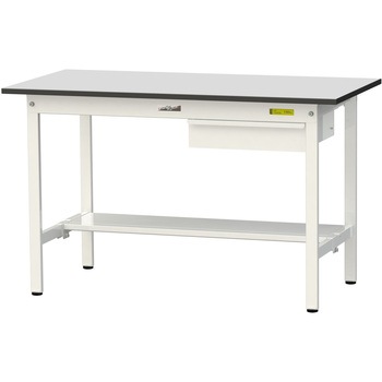 軽量作業台/耐荷重150kg_引き出し付き固定式_半面棚板付き_RoHS2指令対応塩ビシート天板_ワークテーブル150シリーズ 山金工業