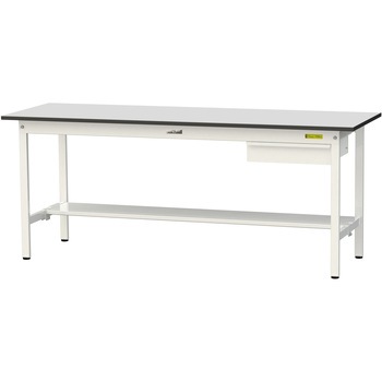 軽量作業台/耐荷重150kg_引き出し付き固定式_半面棚板付き_RoHS2指令対応塩ビシート天板_ワークテーブル150シリーズ 山金工業