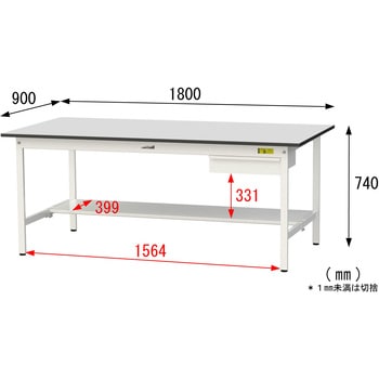 軽量作業台/耐荷重150kg_引き出し付き固定式_半面棚板付き_RoHS2指令対応塩ビシート天板_ワークテーブル150シリーズ 山金工業