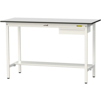 軽量作業台/耐荷重150kg_引き出し付き固定式_半面棚板付き_RoHS2指令対応塩ビシート天板_ワークテーブル150シリーズ 山金工業