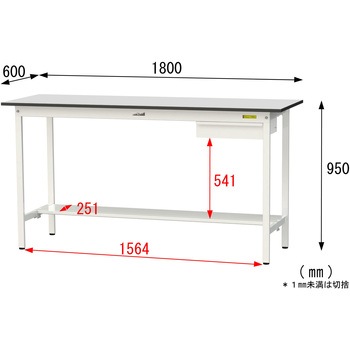 軽量作業台/耐荷重150kg_引き出し付き固定式_半面棚板付き_RoHS2指令対応塩ビシート天板_ワークテーブル150シリーズ 山金工業