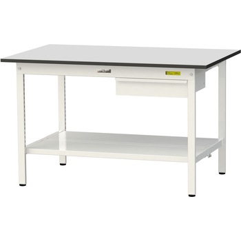 軽量作業台/耐荷重150kg_引き出し付き固定式_全面棚板付き_RoHS2指令対応塩ビシート天板_ワークテーブル150シリーズ 山金工業