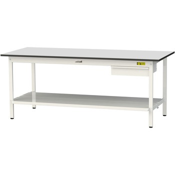 軽量作業台/耐荷重150kg_引き出し付き固定式_全面棚板付き_RoHS2指令対応塩ビシート天板_ワークテーブル150シリーズ 山金工業