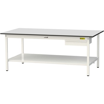 軽量作業台/耐荷重150kg_引き出し付き固定式_全面棚板付き_RoHS2指令対応塩ビシート天板_ワークテーブル150シリーズ 山金工業