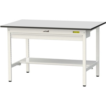 軽量作業台/耐荷重150kg_ワイド引き出し付き固定式_半面棚板付き_RoHS2指令対応塩ビシート天板_ワークテーブル150シリーズ 山金工業