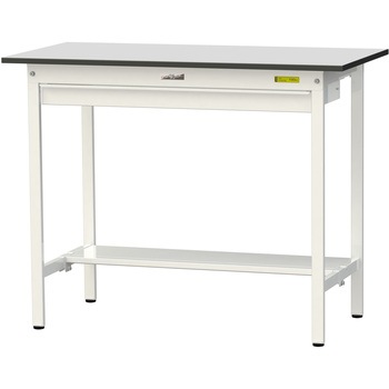 軽量作業台/耐荷重150kg_ワイド引き出し付き固定式_半面棚板付き_RoHS2指令対応塩ビシート天板_ワークテーブル150シリーズ 山金工業