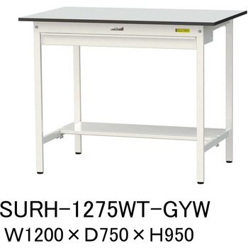 軽量作業台/耐荷重150kg_ワイド引き出し付き固定式_半面棚板付き_RoHS2指令対応塩ビシート天板_ワークテーブル150シリーズ 山金工業