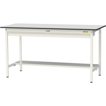 軽量作業台/耐荷重150kg_ワイド引き出し付き固定式_半面棚板付き_RoHS2指令対応塩ビシート天板_ワークテーブル150シリーズ 山金工業