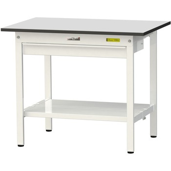 軽量作業台/耐荷重150kg_ワイド引き出し付き固定式_全面棚板付き_RoHS2指令対応塩ビシート天板_ワークテーブル150シリーズ 山金工業