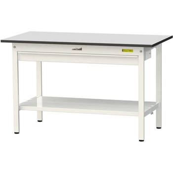 軽量作業台/耐荷重150kg_ワイド引き出し付き固定式_全面棚板付き_RoHS2指令対応塩ビシート天板_ワークテーブル150シリーズ 山金工業