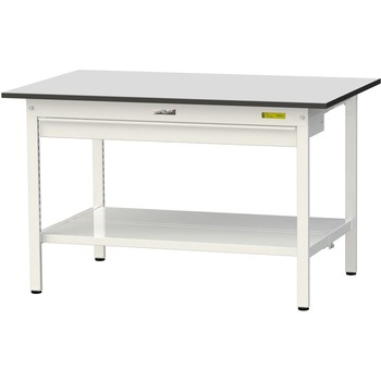軽量作業台/耐荷重150kg_ワイド引き出し付き固定式_全面棚板付き_RoHS2指令対応塩ビシート天板_ワークテーブル150シリーズ 山金工業
