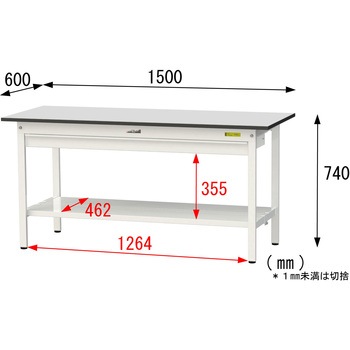 軽量作業台/耐荷重150kg_ワイド引き出し付き固定式_全面棚板付き_RoHS2指令対応塩ビシート天板_ワークテーブル150シリーズ 山金工業