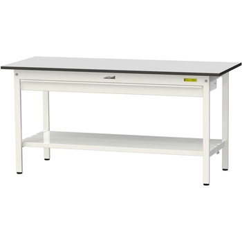 軽量作業台/耐荷重150kg_ワイド引き出し付き固定式_全面棚板付き_RoHS2指令対応塩ビシート天板_ワークテーブル150シリーズ 山金工業