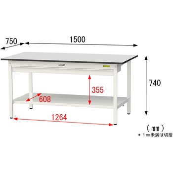 軽量作業台/耐荷重150kg_ワイド引き出し付き固定式_全面棚板付き_RoHS2指令対応塩ビシート天板_ワークテーブル150シリーズ 山金工業